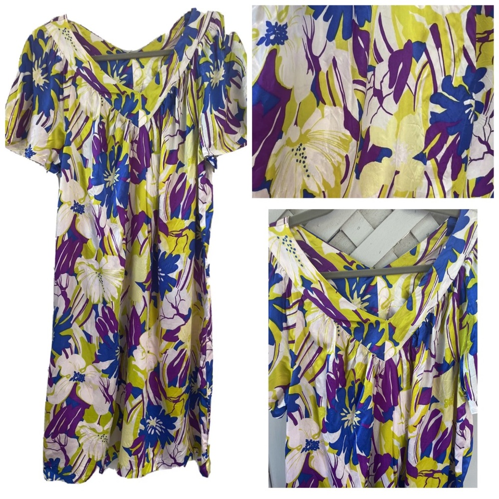 Mid century 1960s tiki tropical Hawaiian style kaftan dress handmade satin